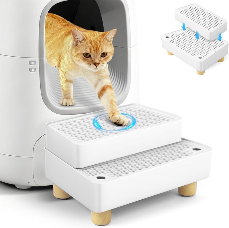 Bartuke Extra Large 2 Steps Cat Litter Box Step Ramp, Cat Litter Catcher Mat with Wooden Feet, Filter Function, Cat's Pedal Stool for Self-Cleaning Litter, Suitable Kitten & Elderly Cats (White) - Image 1